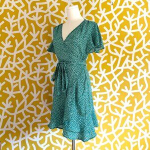 Flowy Green White Polka Dot Wrap Dress - S/M